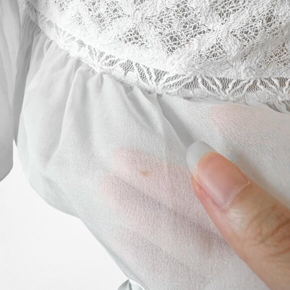 Candela White Sheer Lace Button Down Bell Sleeve Peplum Blouse Top Size XS - Picture 8 of 8